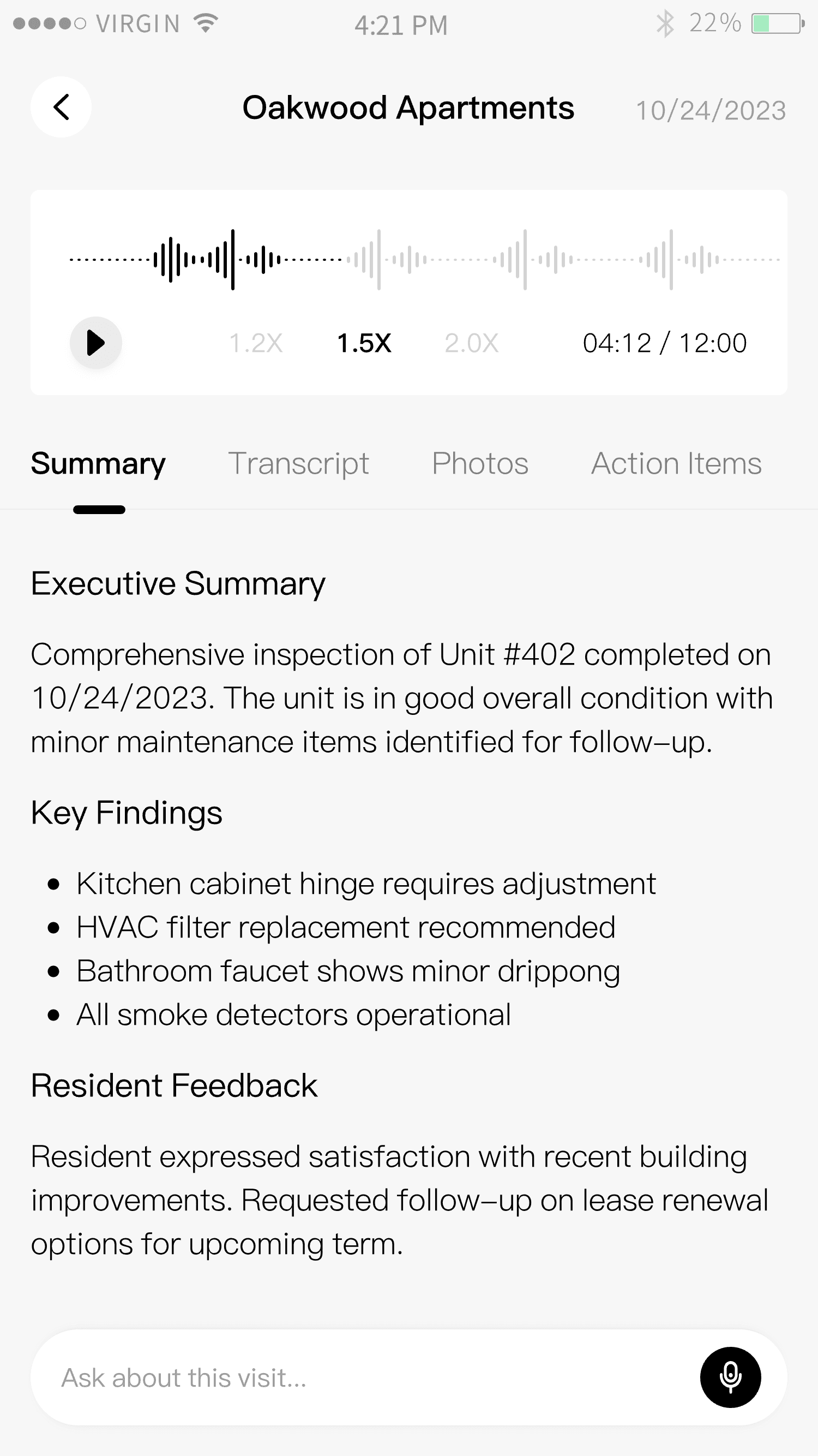 Aida AI summary showing operational intelligence from site visits